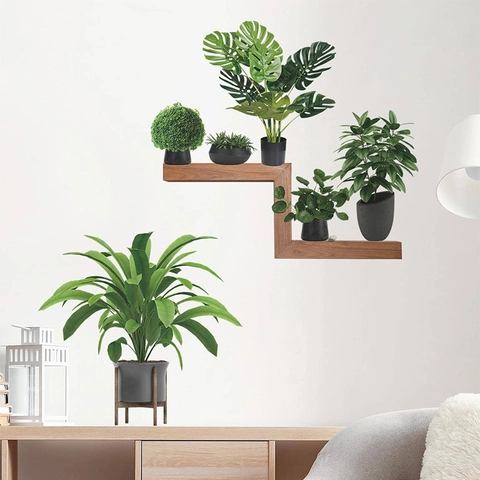 Moderni Adesivi Murali in PVC Pianta Verde in Vaso Monstera Fresco Scaffale a Z Piante in Vaso Decalcomanie Murali Decorative per Soggiorno Camera da Letto