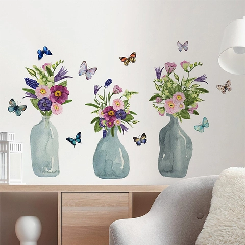 Adesivi da Parete Acquerello Vaso di Fiori Farfalla PVC Removibile Murale d'Arte per Soggiorno Camera da Letto Moderno Arredamento