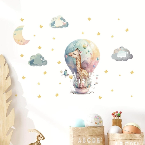 Stickers Muraux Girafe en Montgolfière Aquarelle Dessin Animé Lune Étoiles Nuages Décalcomanies pour Chambre d'Enfant Déco Murale PVC DIY