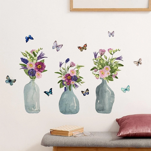 Adesivi da Parete Acquerello Vaso di Fiori Farfalla PVC Removibile Murale d'Arte per Soggiorno Camera da Letto Moderno Arredamento