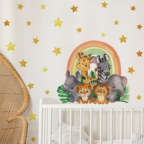 Stickers Muraux Animaux de la Jungle et Arcobaleno Aquarelle Girafe Éléphant Zèbre Étoiles Décalcomanies PVC pour Chambre