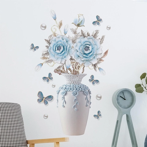 3D Relief Blumenvase Wandaufkleber Blaue Rose Schmetterling Künstliche Perle Muster Abnehmbare PVC Aufkleber Für Wohnzimmer Schlafzimmer Deko