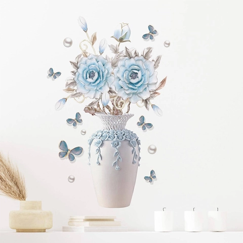 3D Relief Blumenvase Wandaufkleber Blaue Rose Schmetterling Künstliche Perle Muster Abnehmbare PVC Aufkleber Für Wohnzimmer Schlafzimmer Deko