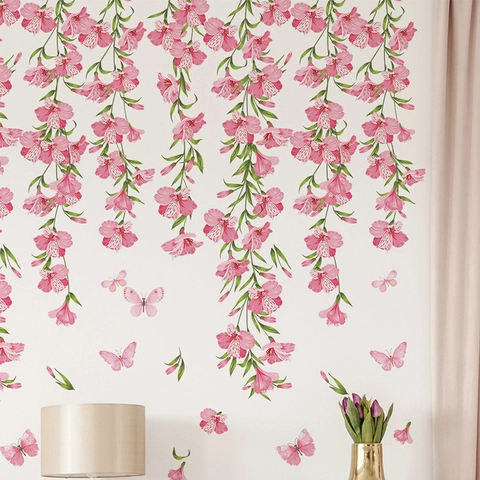 Stickers Muraux Modernes en PVC Vigne de Lys Rose Autocollants Muraux Papillon Imperméables pour Décoration de Chambre Salon