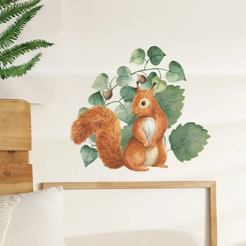 Adesivo da Parete Scoiattolo Acquerello Pianta Verde Cartone Animato PVC Impermeabile Decalcomania Rimovibile Decorazione Casa