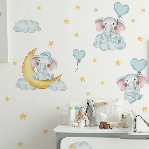 Adesivo da Parete in PVC con Elefante Cartone Animato Luna e Stelle per Decorazione Camera dei Bambini Acquerello Home Art