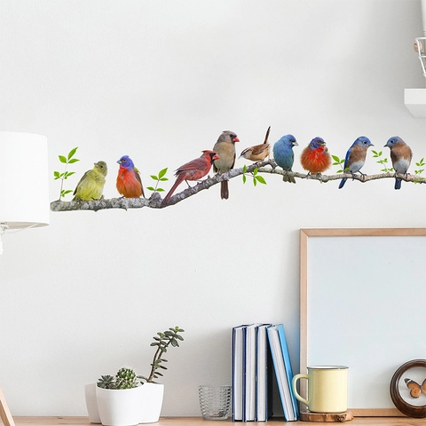 Realistic Colorful Birds On Tree Branch Wall Sticker PVC Self-Adhesive Wall Decals For Living Room Bedroom Home Decor