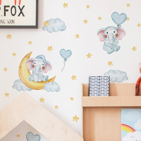 Adesivo da Parete in PVC con Elefante Cartone Animato Luna e Stelle per Decorazione Camera dei Bambini Acquerello Home Art