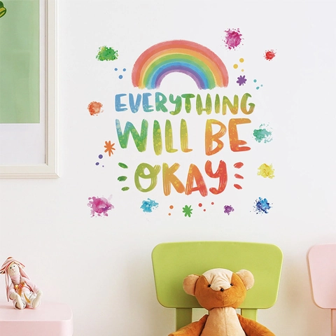 Rainbow Wall Sticker Everything Will Be Okay Inspirational Quote Watercolor Decals For Kids Room Classroom Home Decor