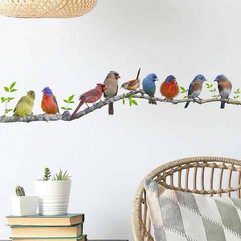 Realistic Colorful Birds On Tree Branch Wall Sticker PVC Self-Adhesive Wall Decals For Living Room Bedroom Home Decor
