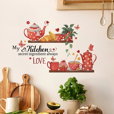 Küche Wandtattoos Rote Punkte Teekanne Cupcake Schmetterling Muster Abnehmbare PVC DIY Aufkleber Für Esszimmer Heimdeko