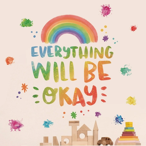 Adesivo da Parete Arcobaleno Everything Will Be Okay Citazione Ispiratrice Decalcomanie Acquerello per Cameretta Scuola Casa