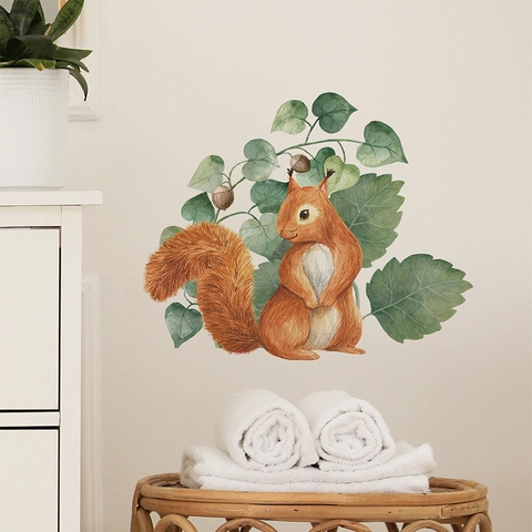 Adesivo da Parete Scoiattolo Acquerello Pianta Verde Cartone Animato PVC Impermeabile Decalcomania Rimovibile Decorazione Casa