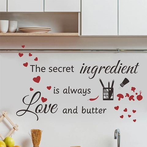 The Secret Ingredient Is Always Love And Butter Kitchen Wall Sticker Removable PVC Heart Pattern Dining Room Home Decor Decal