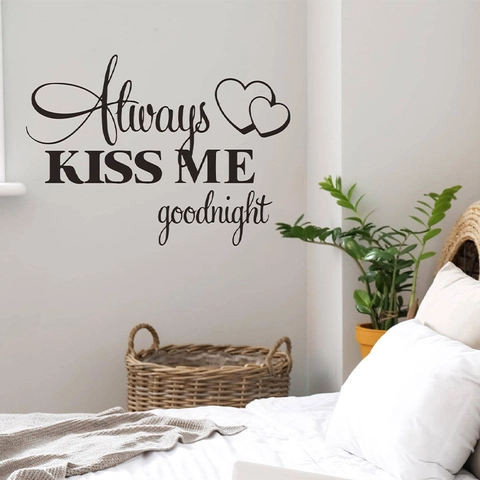 Always Kiss Me Goodnight Slogan Muursticker Met Hartpatroon Zwart PVC Verwijderbare DIY Muurkunst Sticker Voor Slaapkamer