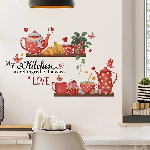 Küche Wandtattoos Rote Punkte Teekanne Cupcake Schmetterling Muster Abnehmbare PVC DIY Aufkleber Für Esszimmer Heimdeko