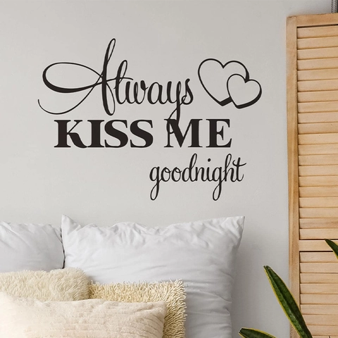 Always Kiss Me Goodnight Slogan Muursticker Met Hartpatroon Zwart PVC Verwijderbare DIY Muurkunst Sticker Voor Slaapkamer