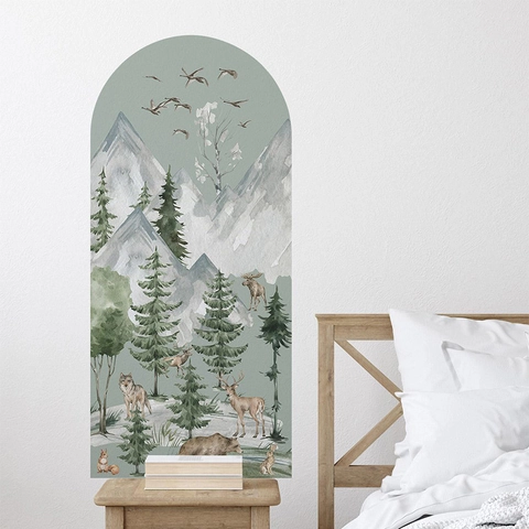 Creative Forest Animals Arch Wall Sticker PVC Watercolor Mountain Deer Bear Fir Tree Nordic Home Decor For Living Room Bedroom