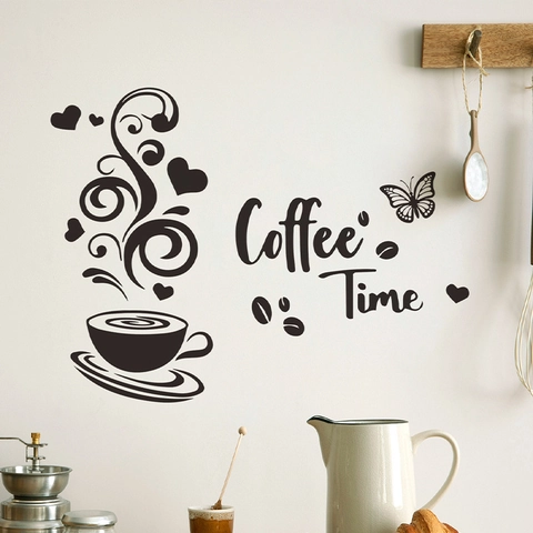 Adesivo da Parete Creativo Tazza di Caffè Coffee Time PVC DIY Decalcomania per Bar Cucina Soggiorno Home Decor Nero