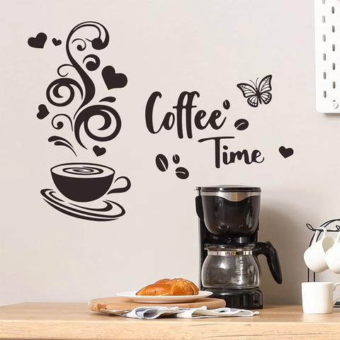 Adesivo da Parete Creativo Tazza di Caffè Coffee Time PVC DIY Decalcomania per Bar Cucina Soggiorno Home Decor Nero