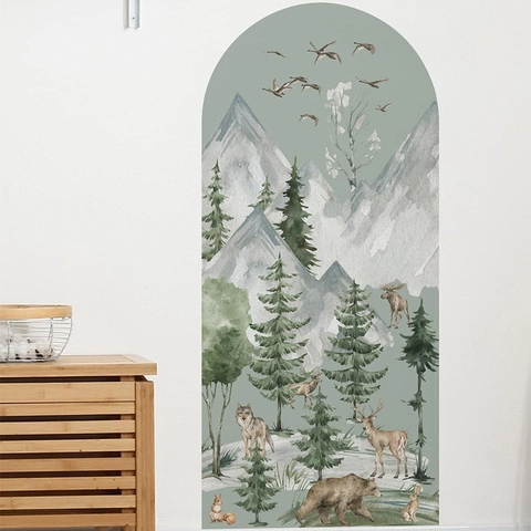 Creative Forest Animals Arch Wall Sticker PVC Watercolor Mountain Deer Bear Fir Tree Nordic Home Decor For Living Room Bedroom