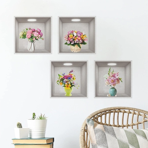 3D Visueel Bloempot Planten PVC Muurstickers Waterdicht Verwijderbaar Zelfklevend Muursticker Voor Woonkamer Slaapkamer Decor Modern Minimalistisch Muurkunst