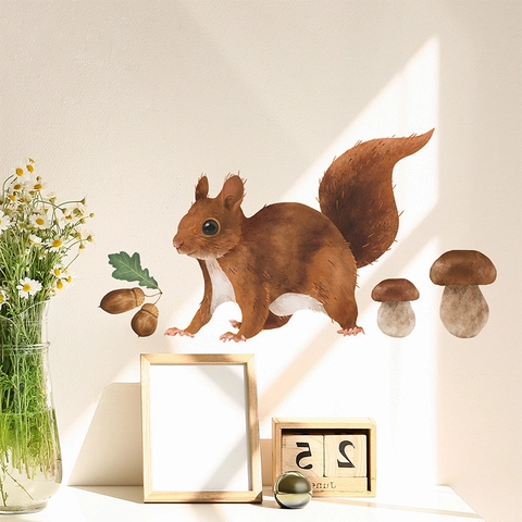 Pegatinas de Pared de Ardilla y Seta Dibujos Animados PVC Acuarela Animales del Bosque para Habitación Infantil Decoración