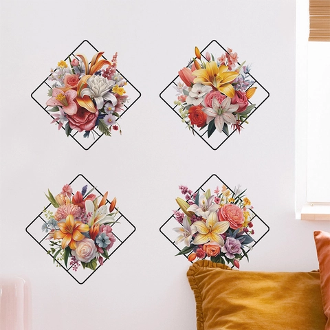 Pegatinas de Pared de Flores y Hojas Pintadas Con Patrón de Rejilla Geométrica de PVC Calcomanías Decorativas Hogar