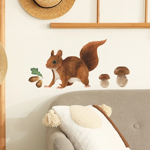 Pegatinas de Pared de Ardilla y Seta Dibujos Animados PVC Acuarela Animales del Bosque para Habitación Infantil Decoración