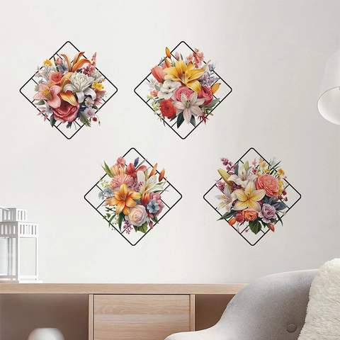 Pegatinas de Pared de Flores y Hojas Pintadas Con Patrón de Rejilla Geométrica de PVC Calcomanías Decorativas Hogar