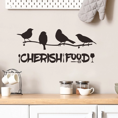 Cherish Food Quote Kitchen Wall Sticker Birds On Branches Silhouette PVC Removable Waterproof Dining Room Decor Decal
