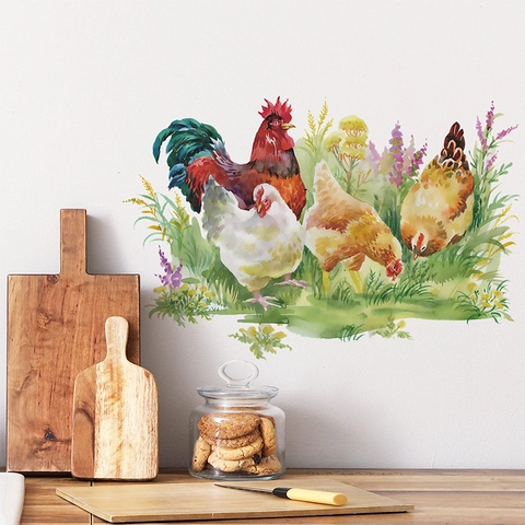 Aquarell Pastoraler Hahn Henne Wandaufkleber Handgemalt Floral Geflügel Dekor Für Küche Zuhause PVC Kunst Wandbild