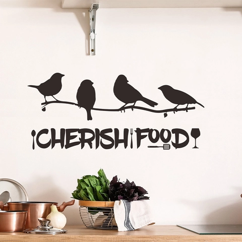 Cherish Food Quote Kitchen Wall Sticker Birds On Branches Silhouette PVC Removable Waterproof Dining Room Decor Decal