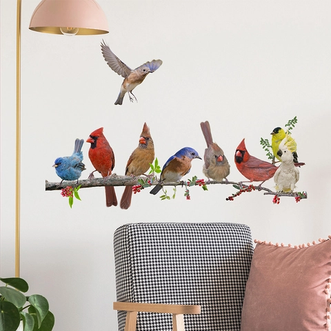 PVC Realistische Vögel Auf Baumzweig Wandaufkleber Abnehmbare Selbstklebende Bunte Vogel Aufkleber Für Wohnzimmer Schlafzimmer Deko