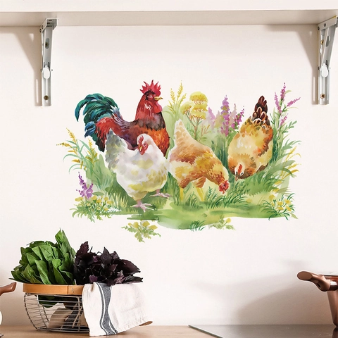 Aquarell Pastoraler Hahn Henne Wandaufkleber Handgemalt Floral Geflügel Dekor Für Küche Zuhause PVC Kunst Wandbild
