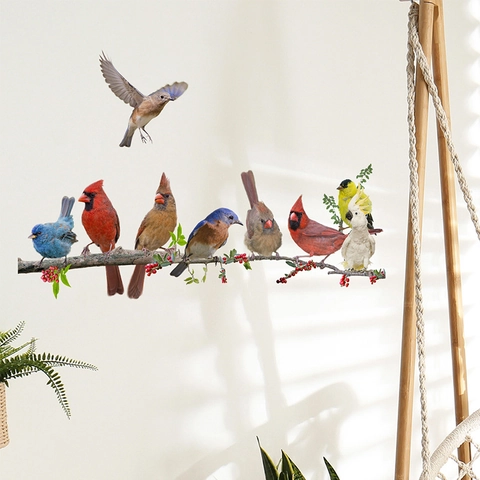PVC Realistische Vögel Auf Baumzweig Wandaufkleber Abnehmbare Selbstklebende Bunte Vogel Aufkleber Für Wohnzimmer Schlafzimmer Deko