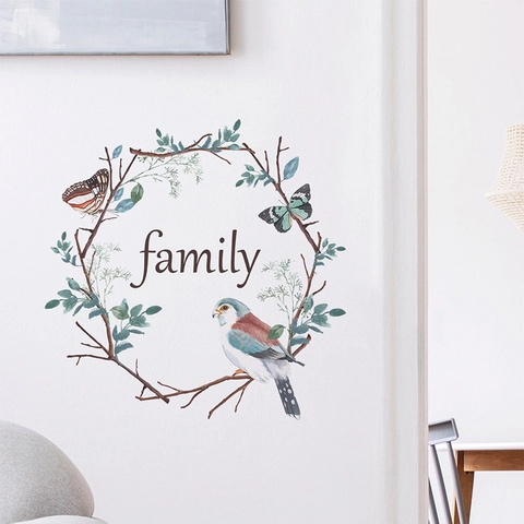Watercolor Wreath Wall Sticker With Bird Butterfly Family Quote Removable PVC Rustic Home Decor Door Wall Decal Sticker