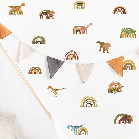 Dinosaur Rainbow Wall Stickers Bohemian Style Cartoon Dinosaur Wall Decals for Nursery Bedroom Decor Removable PVC Stickers