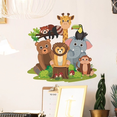 Pegatinas de Pared de Animales del Bosque de Dibujos Animados PVC Calcomanías de Pared Removibles para Habitación Infantil