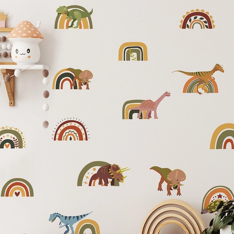 Dinosaur Rainbow Wall Stickers Bohemian Style Cartoon Dinosaur Wall Decals for Nursery Bedroom Decor Removable PVC Stickers