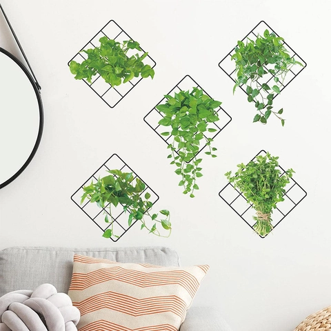 Modern PVC Wall Stickers Iron Grid Green Plant Pattern For Bedroom Living Room Decoration Printed 3D Visual Wall Art