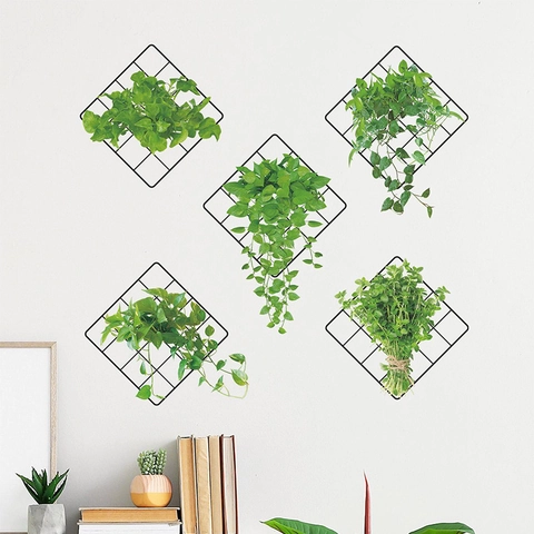 Modern PVC Wall Stickers Iron Grid Green Plant Pattern For Bedroom Living Room Decoration Printed 3D Visual Wall Art