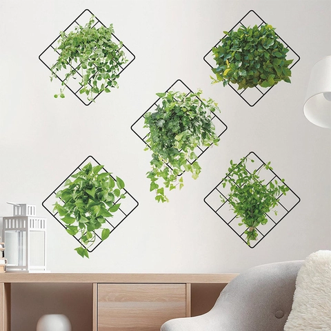 Modern Minimalistisch IJzeren Raster Groene Plant Muurstickers PVC Simulatie Wijnstok Stickers Voor Woonkamer Slaapkamer Huisdecoratie