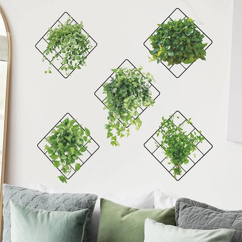 Modern Minimalistisch IJzeren Raster Groene Plant Muurstickers PVC Simulatie Wijnstok Stickers Voor Woonkamer Slaapkamer Huisdecoratie