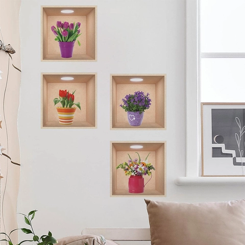 Pegatinas de Pared 3D Plantas en Maceta Lavanda Púrpura Tulipán Floral PVC Autoadhesivas Impermeables para Decoración Hogar