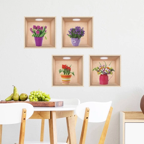 Pegatinas de Pared 3D Plantas en Maceta Lavanda Púrpura Tulipán Floral PVC Autoadhesivas Impermeables para Decoración Hogar