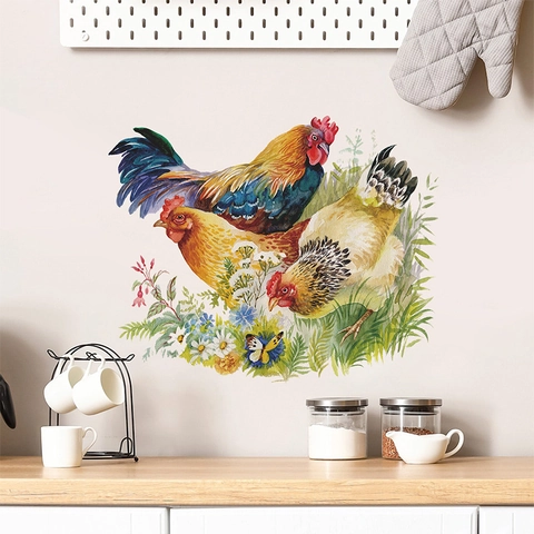 Adesivo da Parete in PVC con Gallo Gallina Fiori Farfalla in Stile Pastorale per Cucina Frigorifero Decorazione Casa
