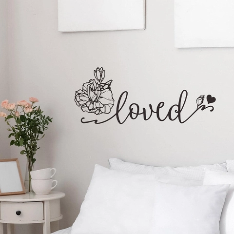 Loved Λουλούδι Καρδιά Αυτοκόλλητο Τοίχου ΠΒΧ DIY Καλλιτεχνικά Γράμματα Διακοσμητικό για Κρεβατοκάμαρα Καθιστικό Διακόσμηση Μαύρο