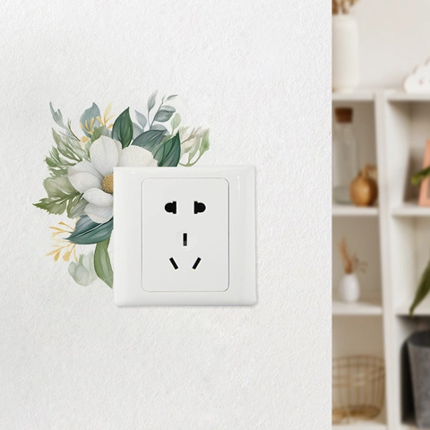Watercolor Green Leaves White Flower Switch Sticker Removable PVC Floral Wall Decal For Living Room Home Decoration
