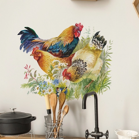 Adesivo da Parete in PVC con Gallo Gallina Fiori Farfalla in Stile Pastorale per Cucina Frigorifero Decorazione Casa